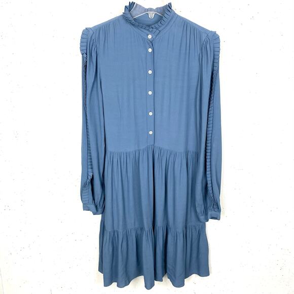 J.Crew Point Sur Hadid Shirt Dress Ruffle Sleeve EcoVero Viscous Blend Blue 6 - Picture 1 of 9